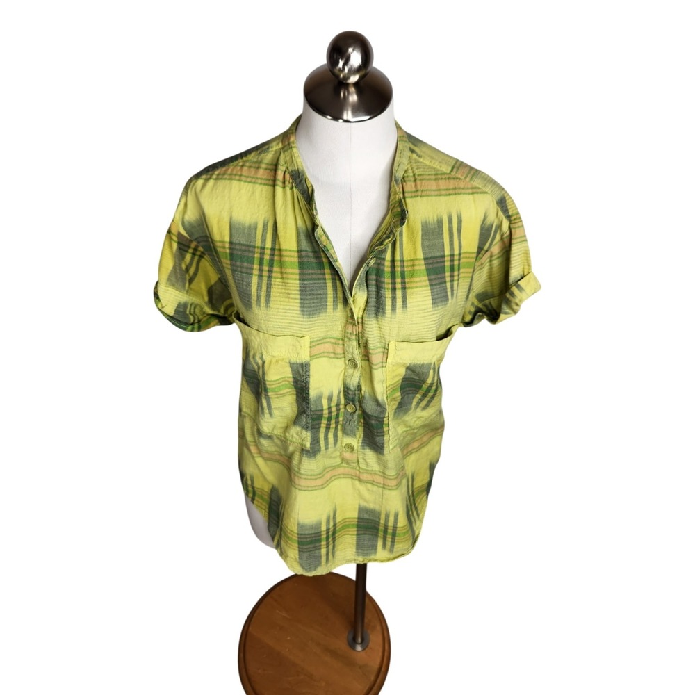 Anthropologie Pilcro Hannah Surf Plaid Popover Blouse Size M Yellow Green Summer